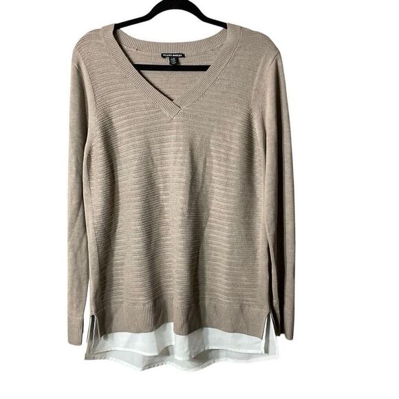 Hilary Radley Womens Tan White Long Sleeve Two-Fer Layered Sweater Large NWOT - Picture 1 of 8